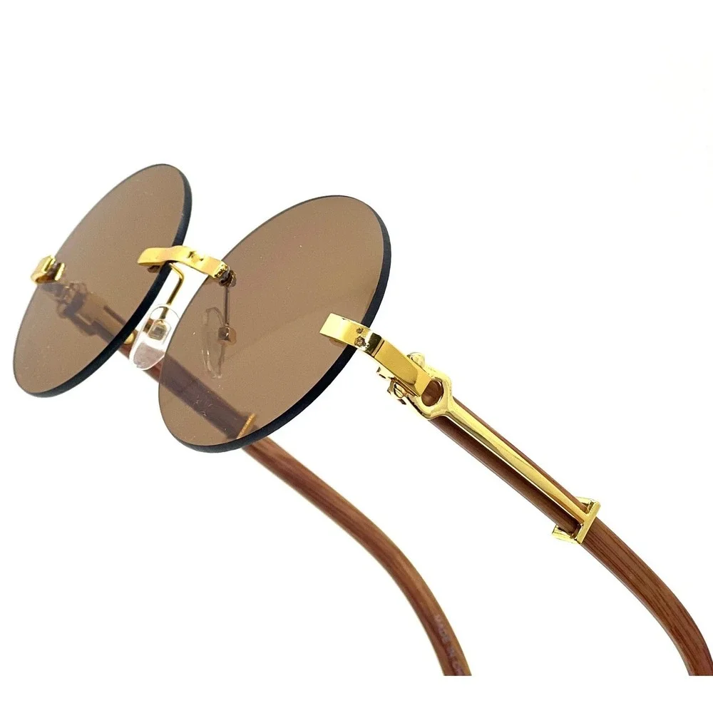 Rimless Sunglasses Round‎ Lens Wood Arms Gold Accents Men's Fashion Street Wear